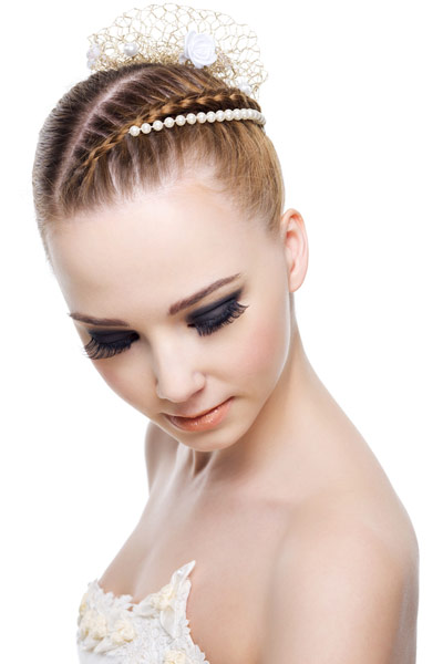 wedding hairstyle crown braid bun. From the front, the wedding hair